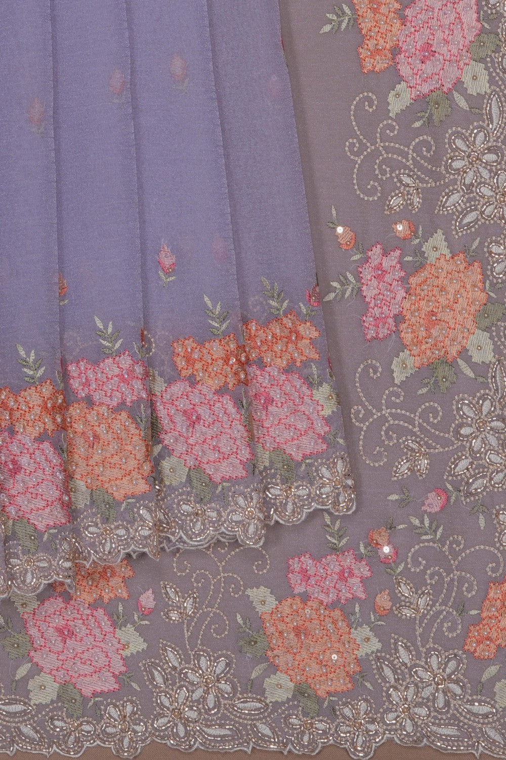Image of Lavender Tissue Embroidered Saree