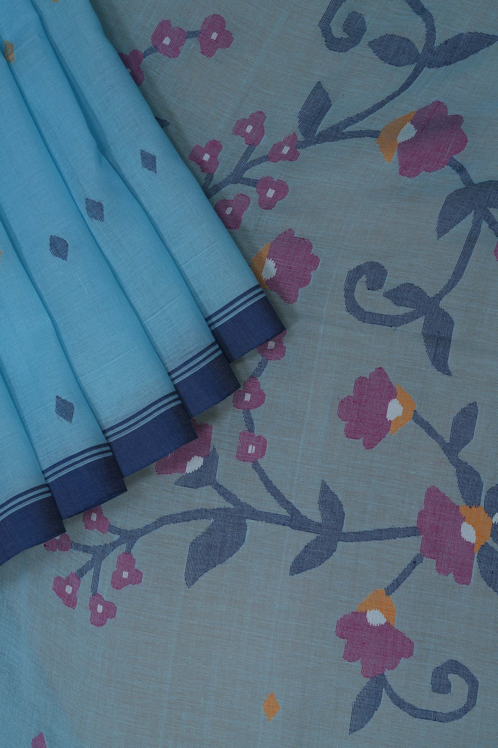 Image of The Dhakai Jamdani Craft Blue Saree