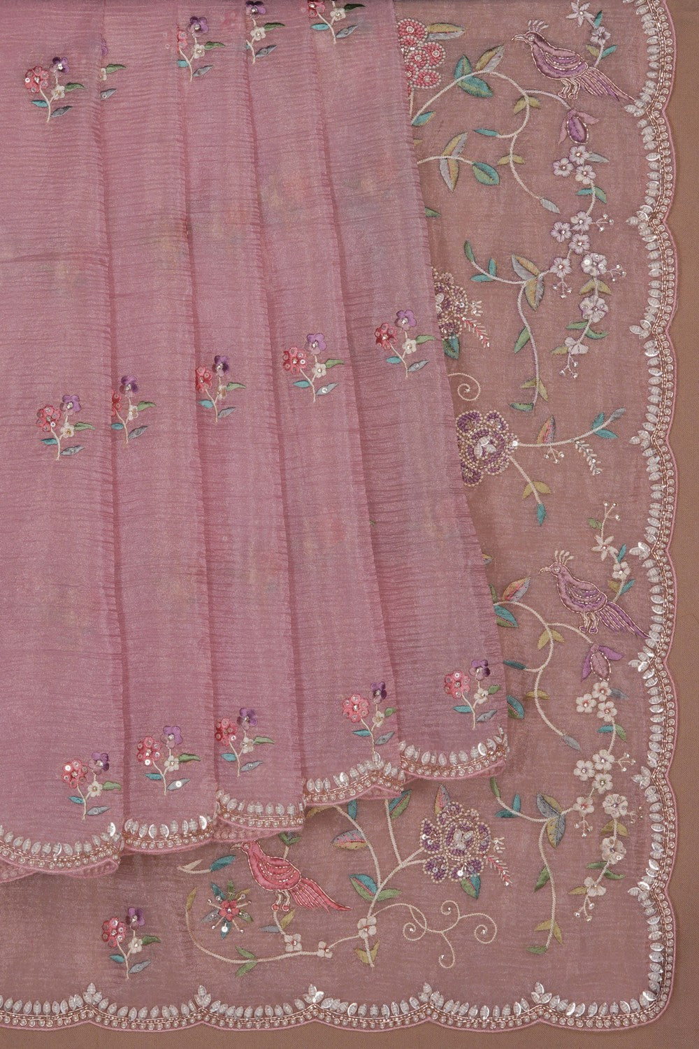 Image of Pink Tissue Embroidered Saree