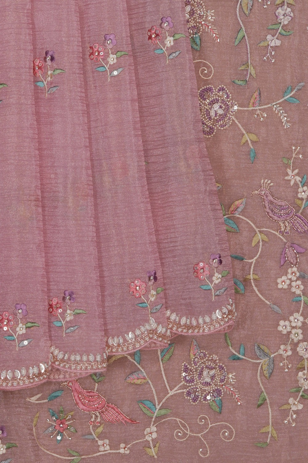 Image of Pink Tissue Embroidered Saree