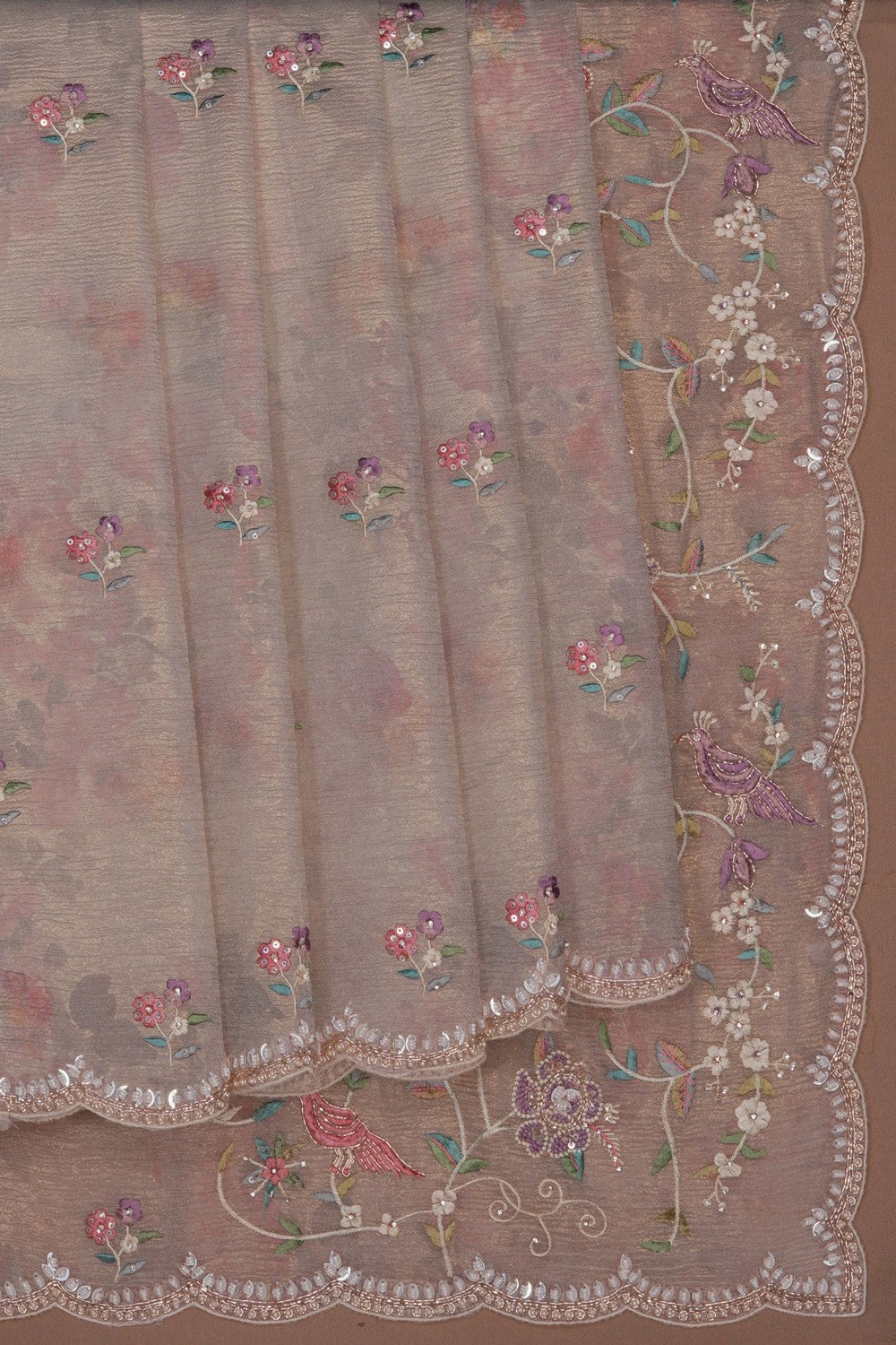 Image of Off-White Tissue Embroidered Saree