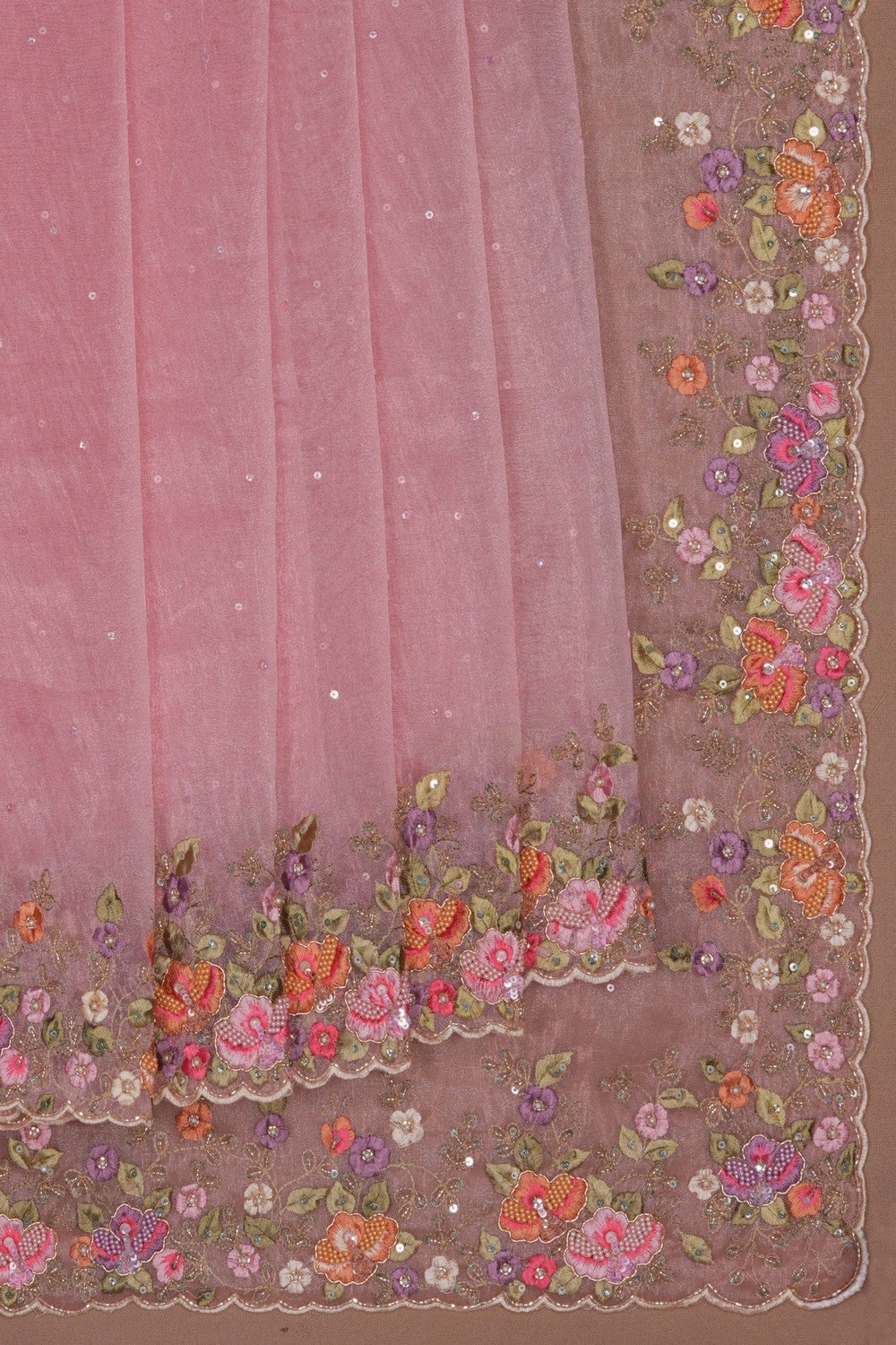 Image of A Rose Pink Tissue Embroidered Saree