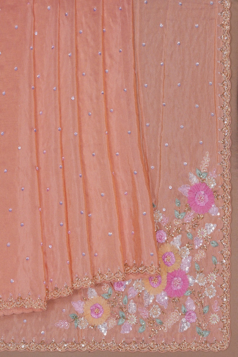 Image of Peach Embroidered Silk Saree