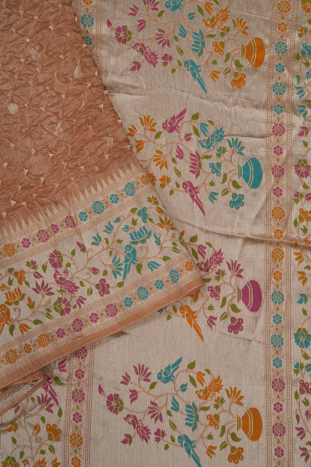 Image of Beige Bandhani Dupion Silk Saree