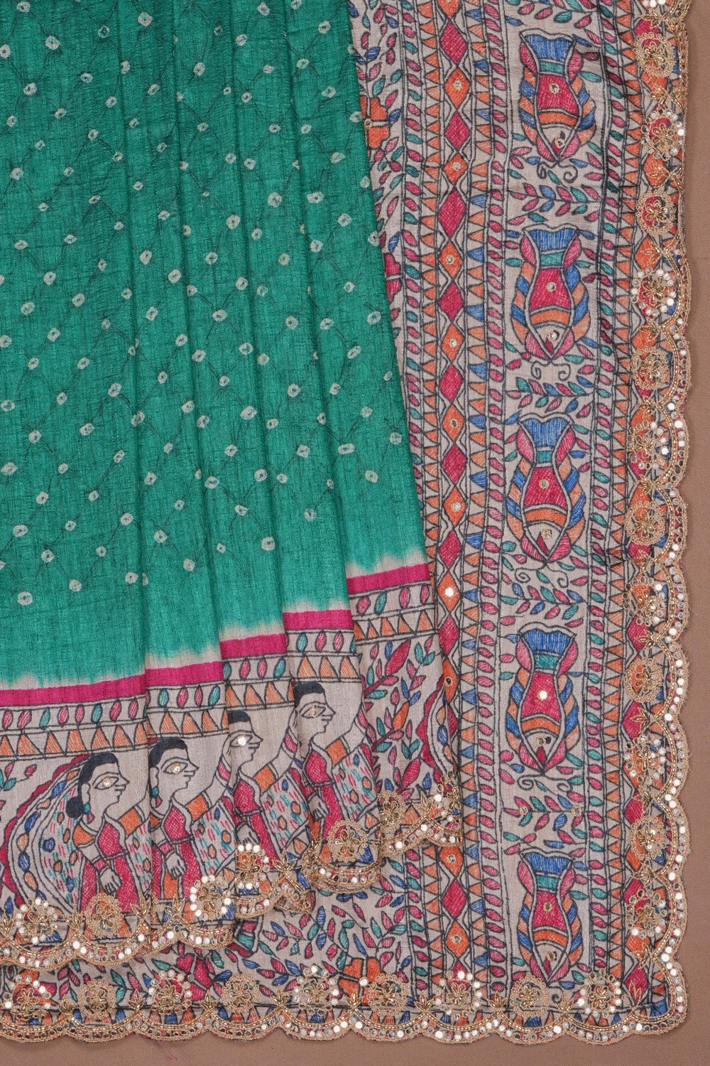 Image of Teal Green Bandhani Desi Tussar Silk Saree