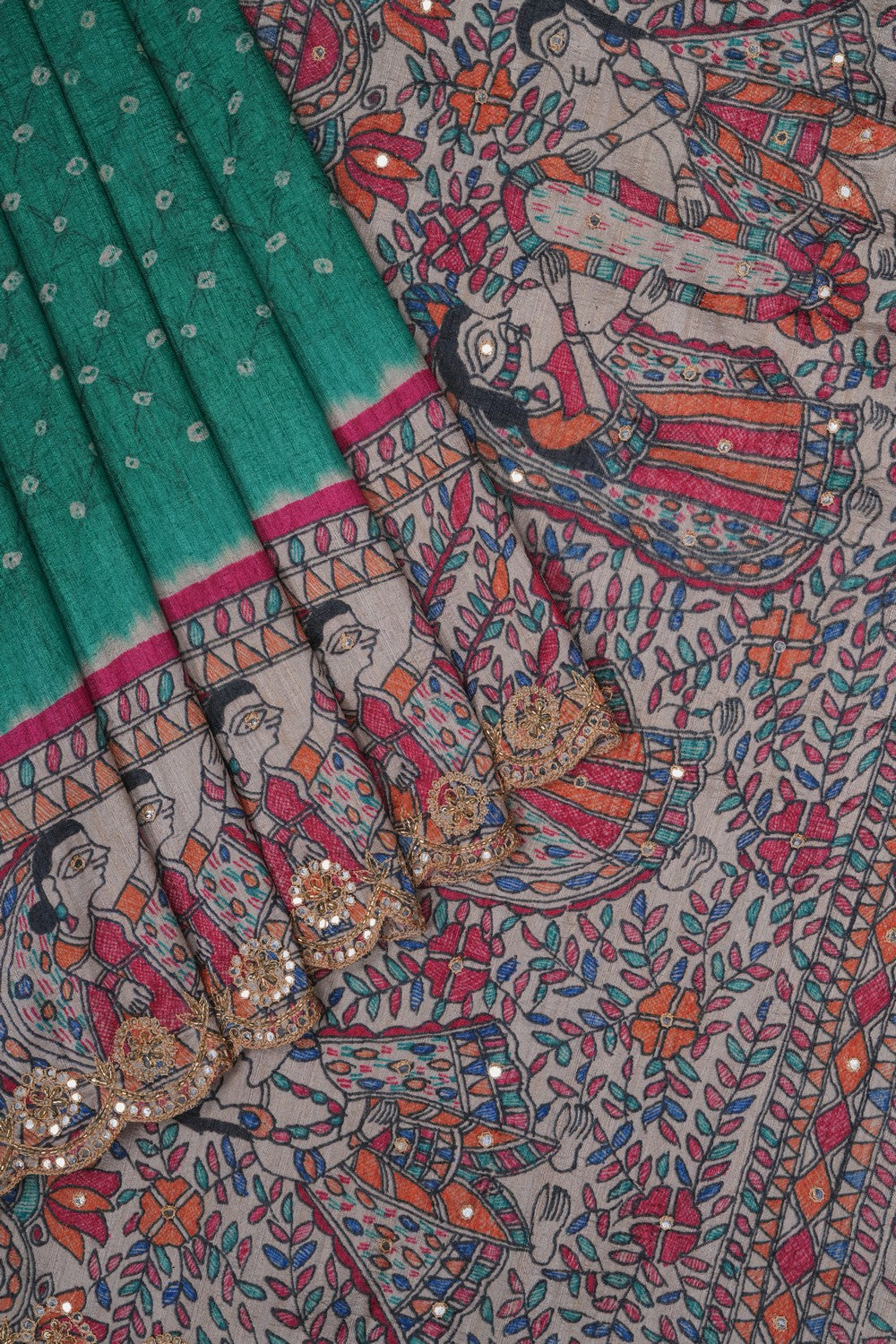 Image of Teal Green Bandhani Desi Tussar Silk Saree