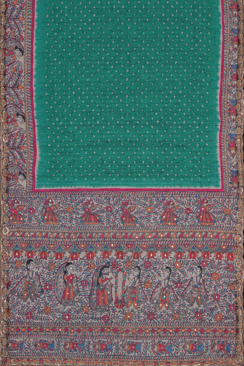 Image of Teal Green Bandhani Desi Tussar Silk Saree