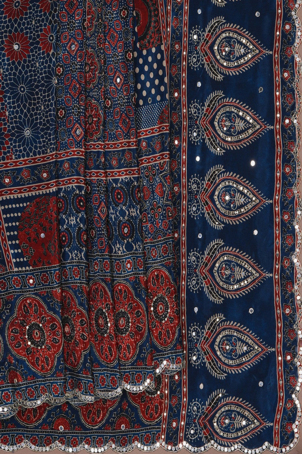 Image of Ajrakh Printed Embroidered Saree