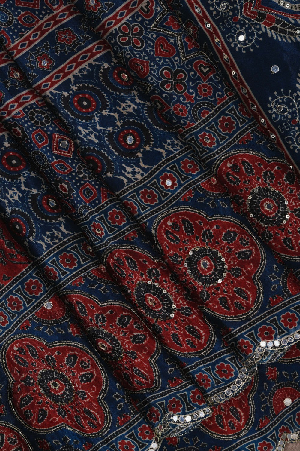 Image of Ajrakh Printed Embroidered Saree