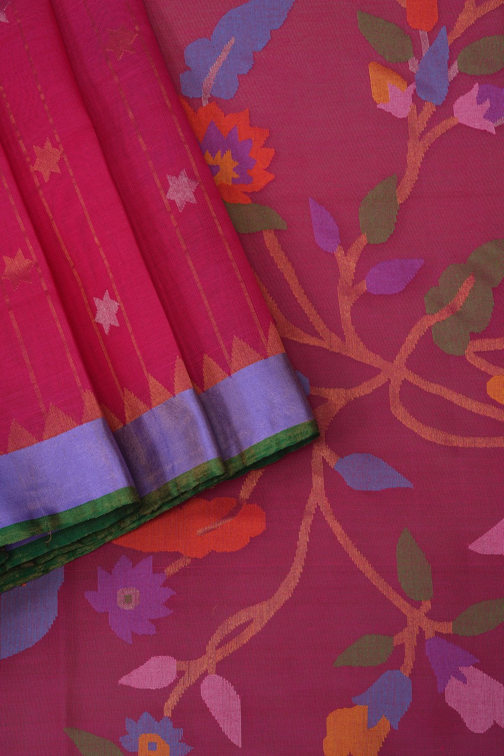 Image of Uppada Cotton Fuchsia Pink Saree