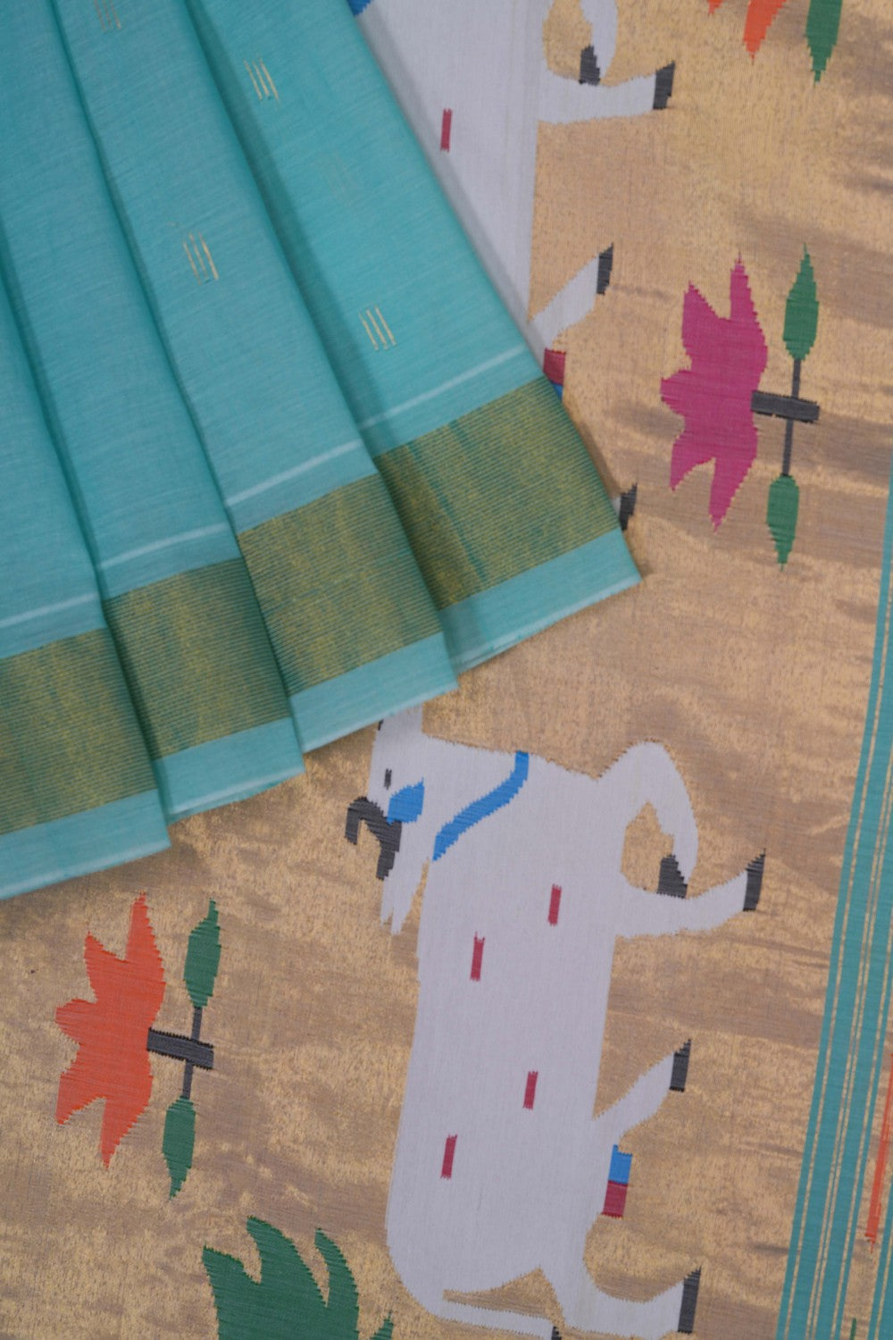 Image of Paithani Cotton Aqua Green Saree