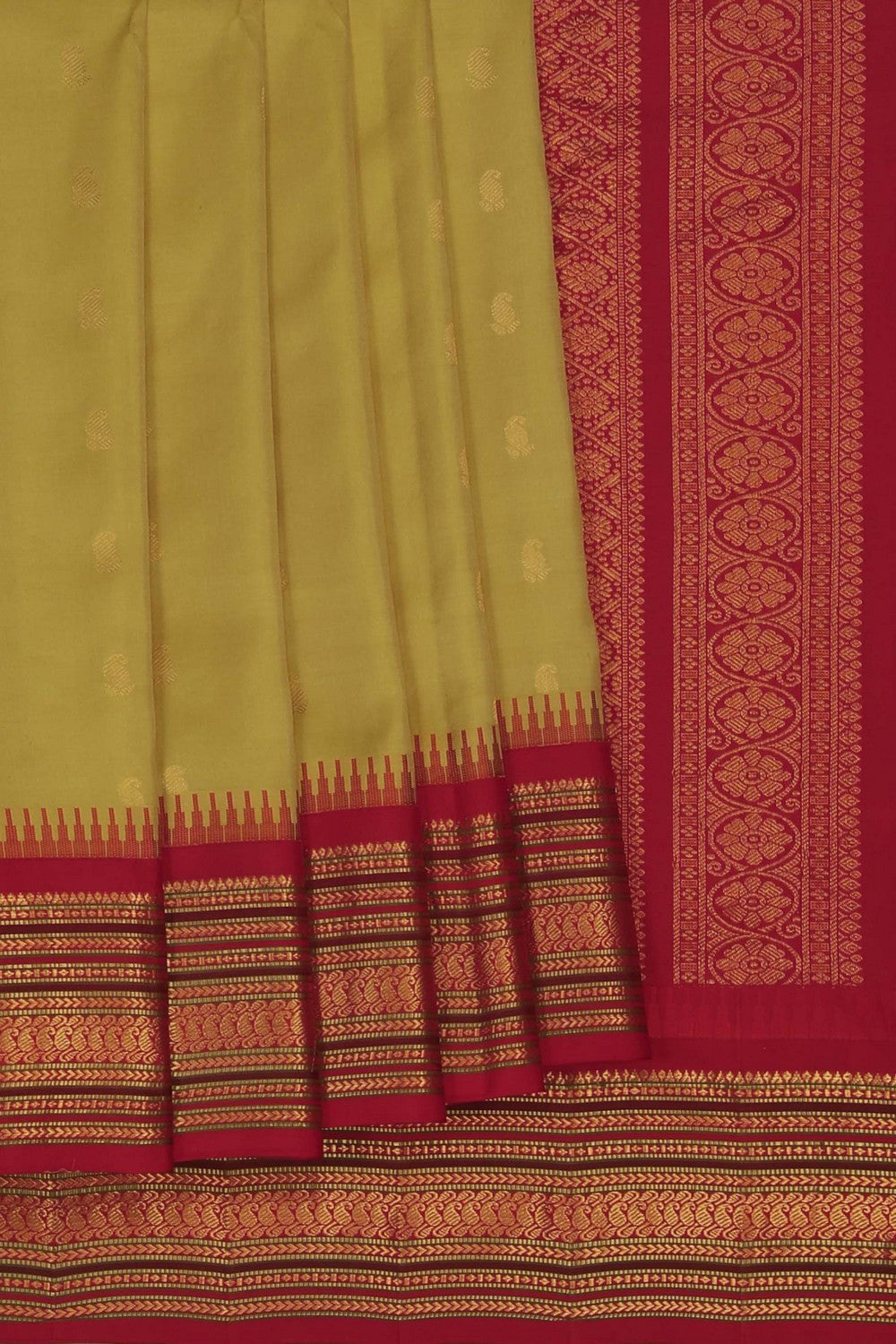 Image of Gadwal Silk Fenugreek Yellow Saree