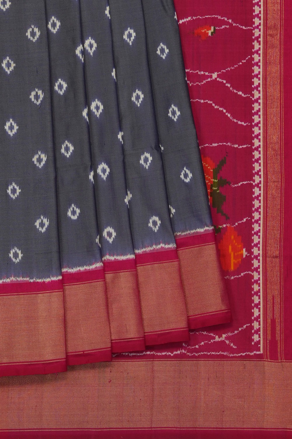 Image of Grey Pochampally Ikat Silk Saree