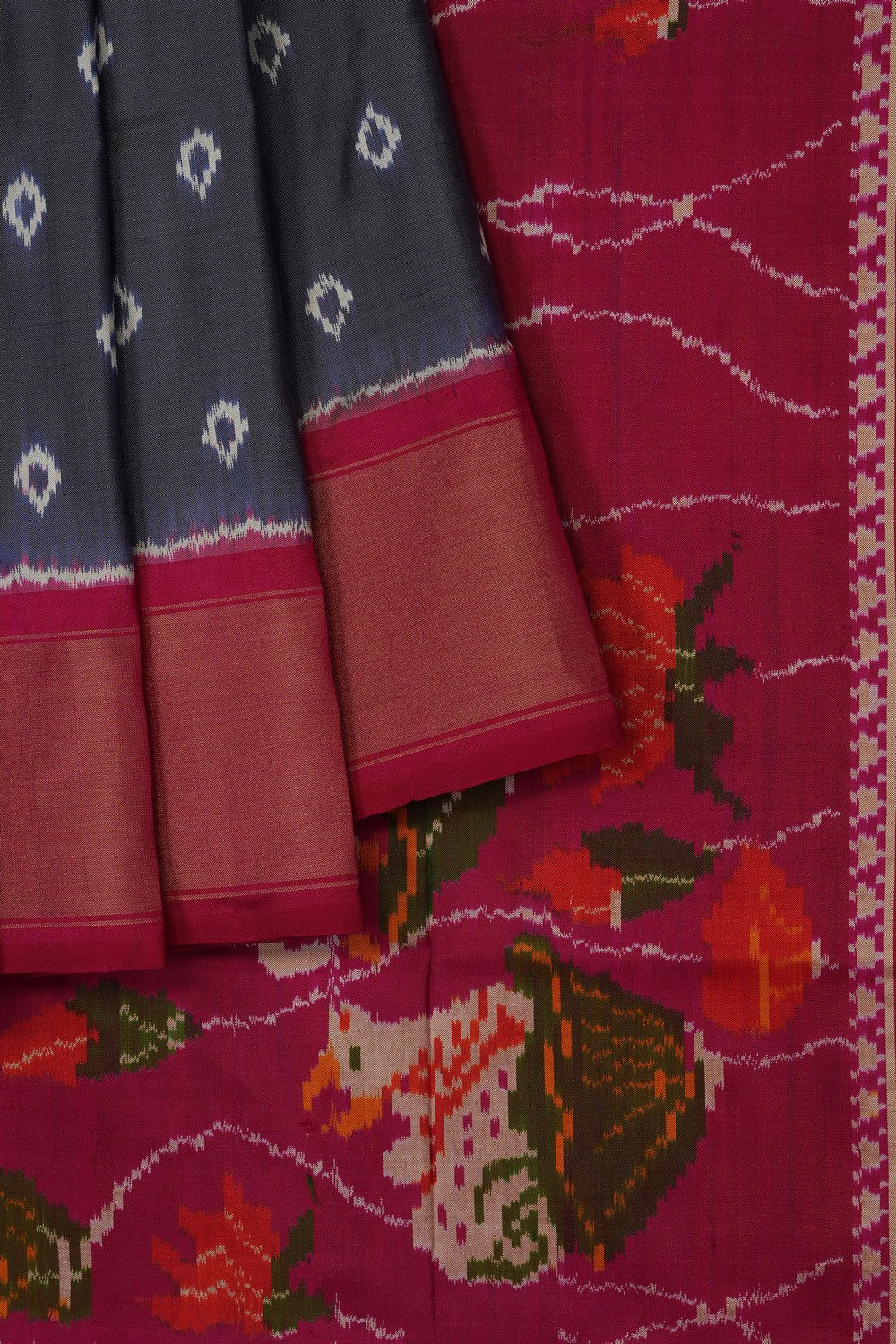Image of Grey Pochampally Ikat Silk Saree