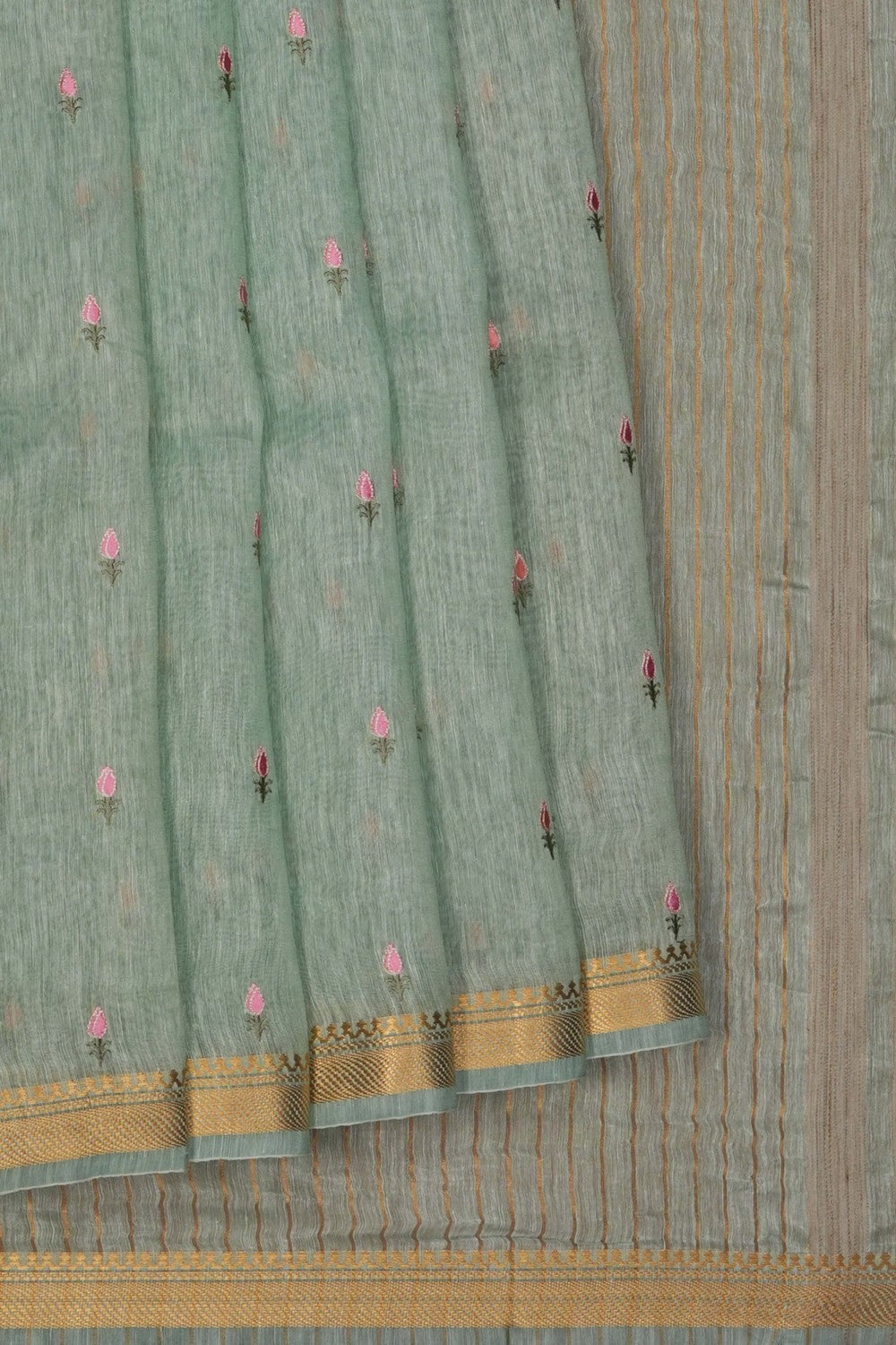 Image of Aqua-Green Linen Embroidery Saree