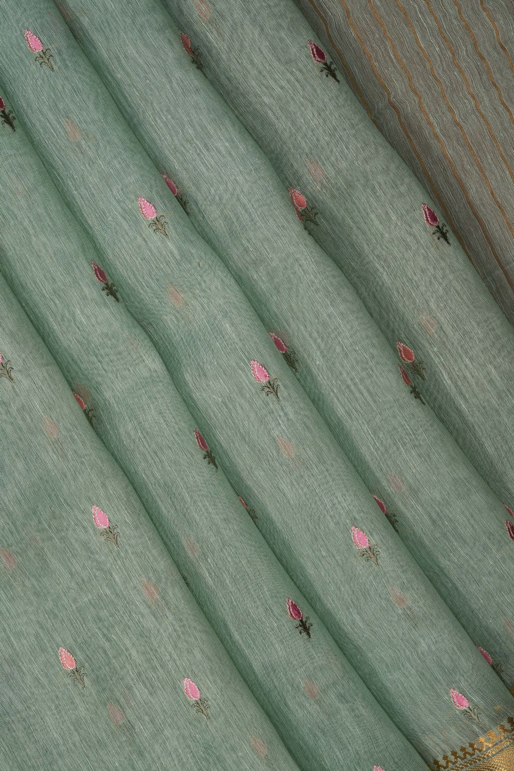 Image of Aqua-Green Linen Embroidery Saree