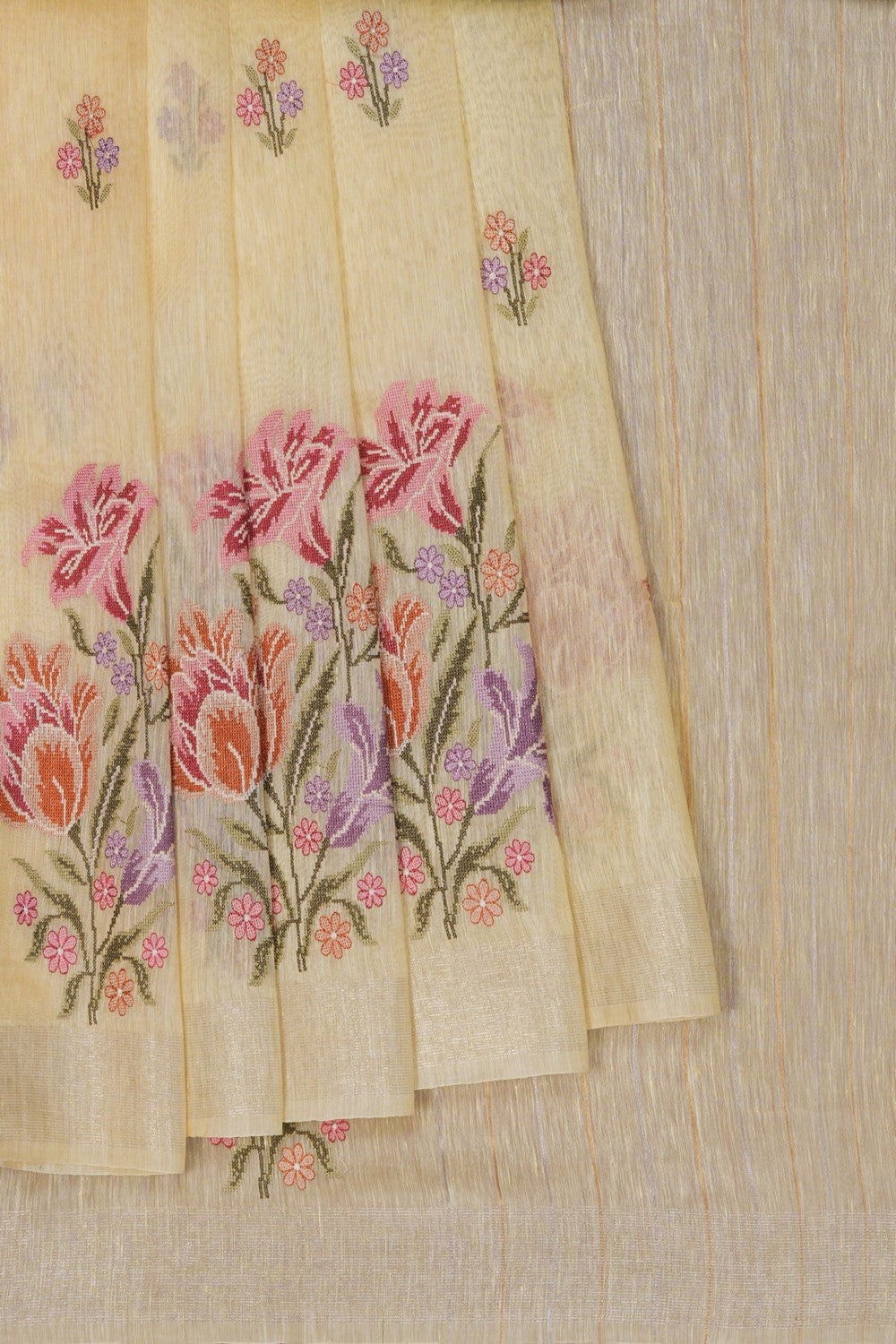 Image of Cream Linen Embroidery Saree