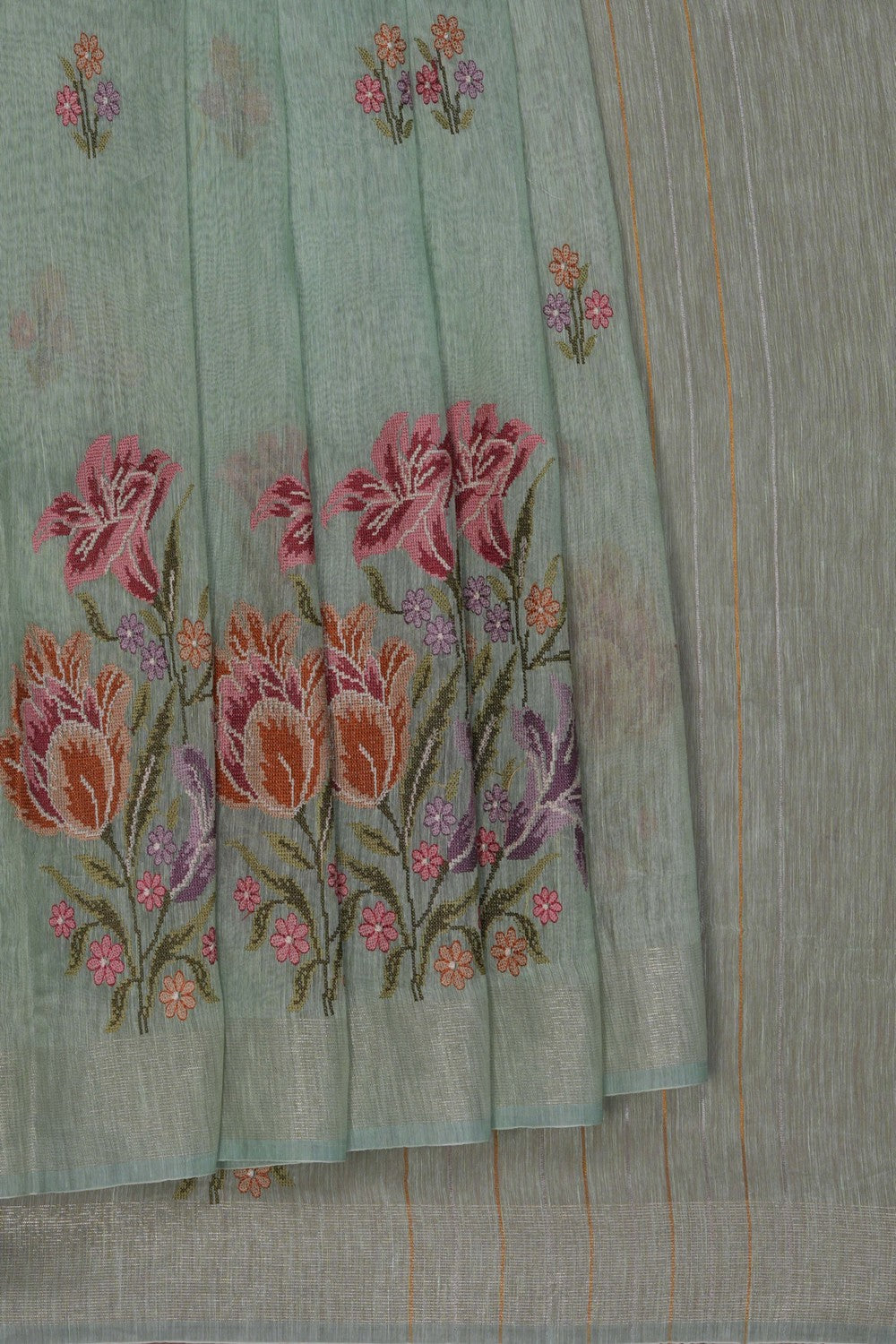 Image of Aqua Green Linen Embroidery Saree