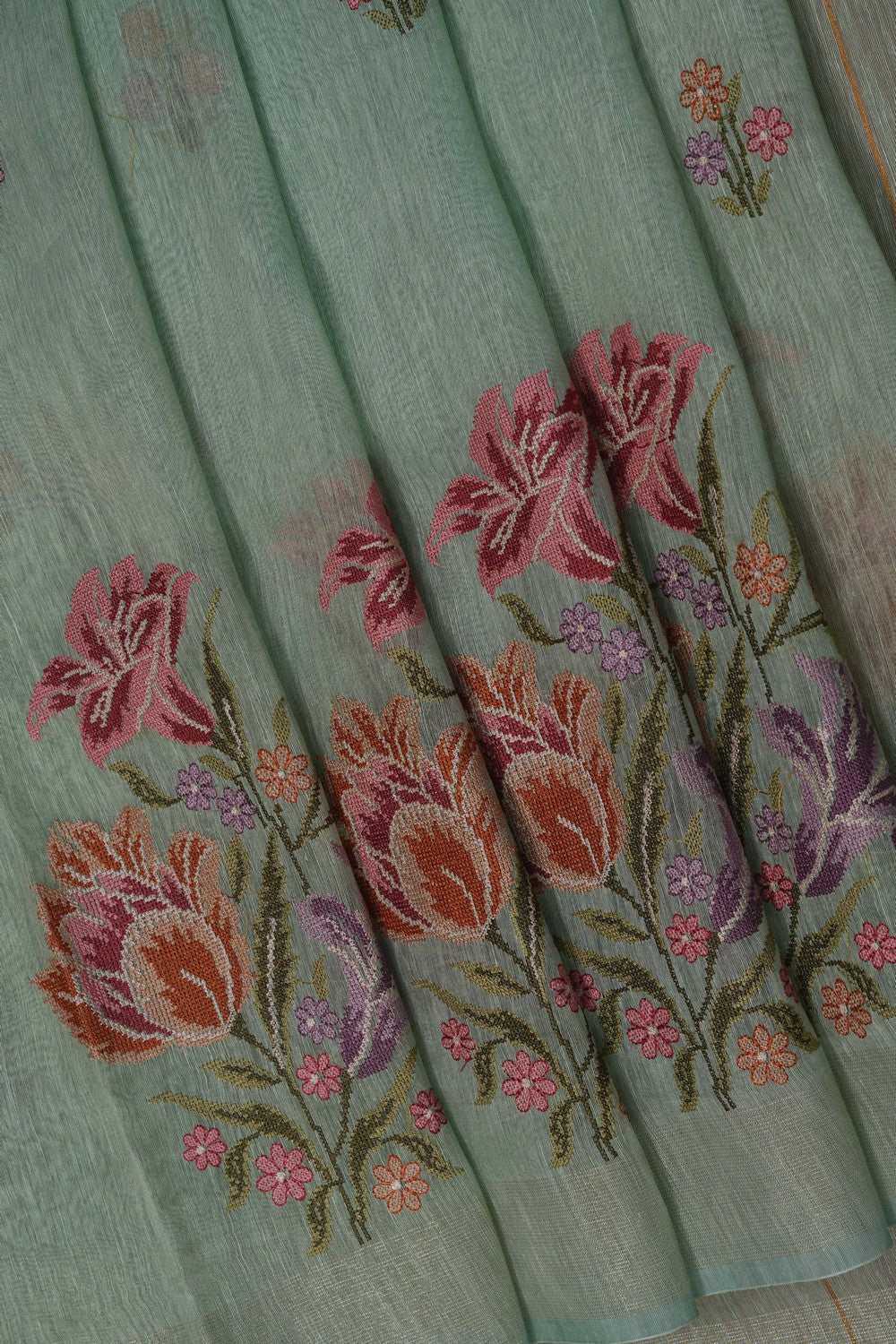 Image of Aqua Green Linen Embroidery Saree