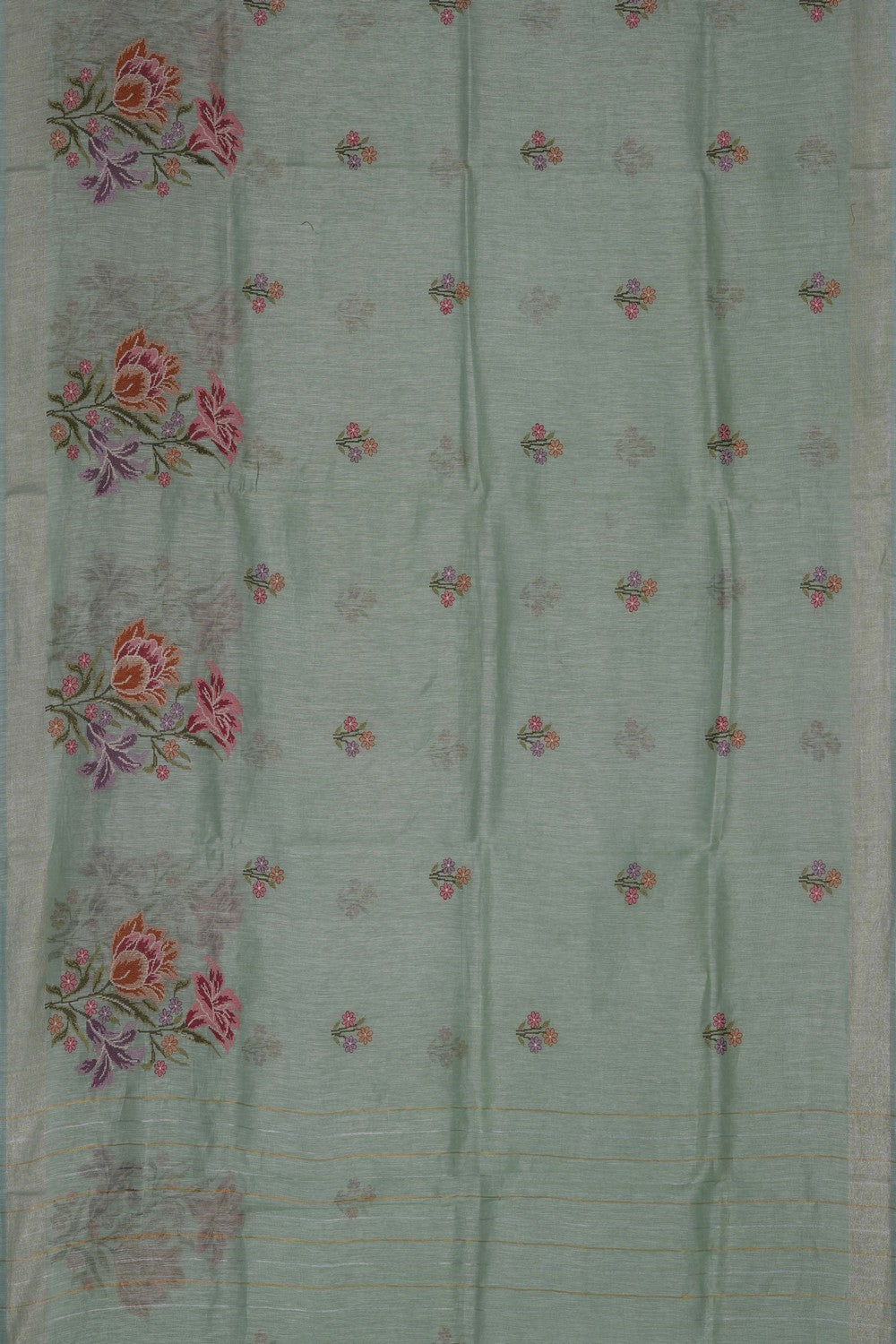 Image of Aqua Green Linen Embroidery Saree
