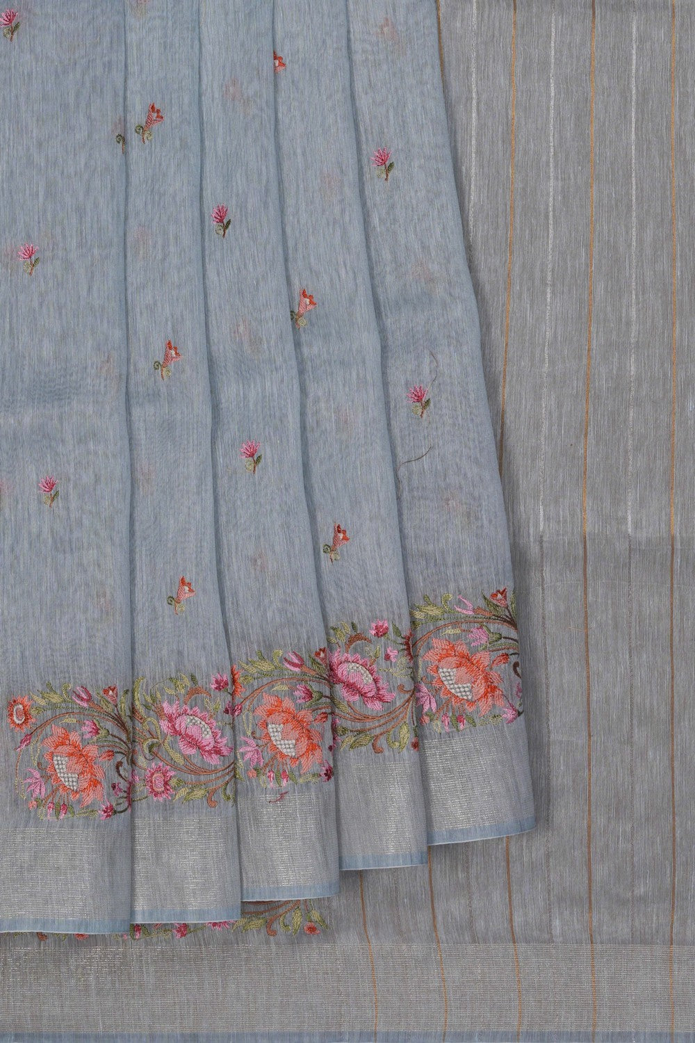 Image of Grey Linen Embroidery Saree