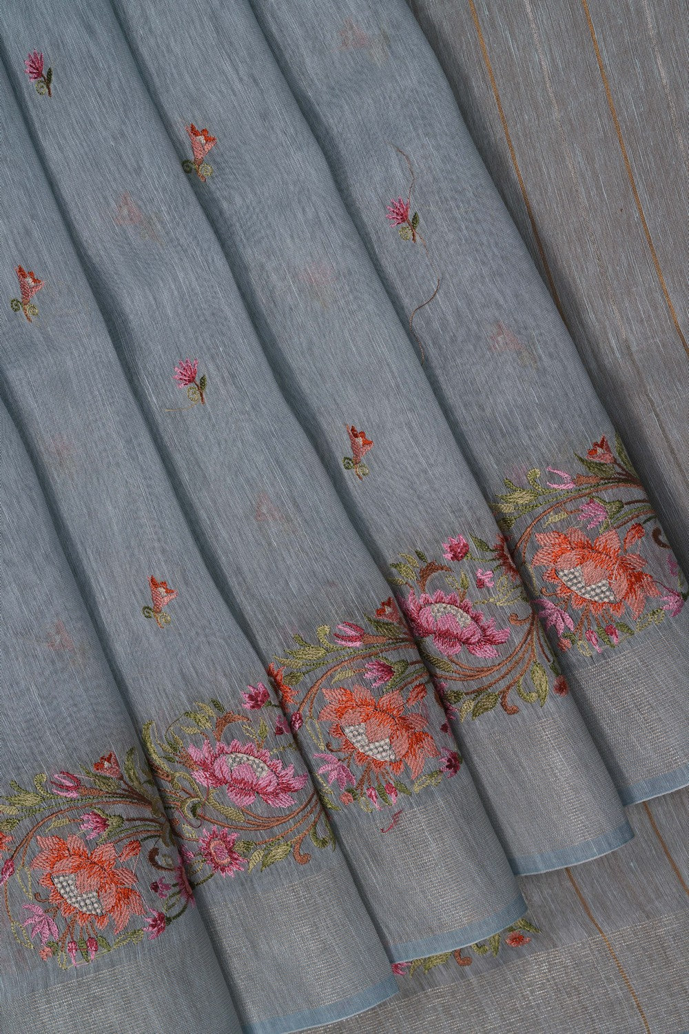Image of Grey Linen Embroidery Saree