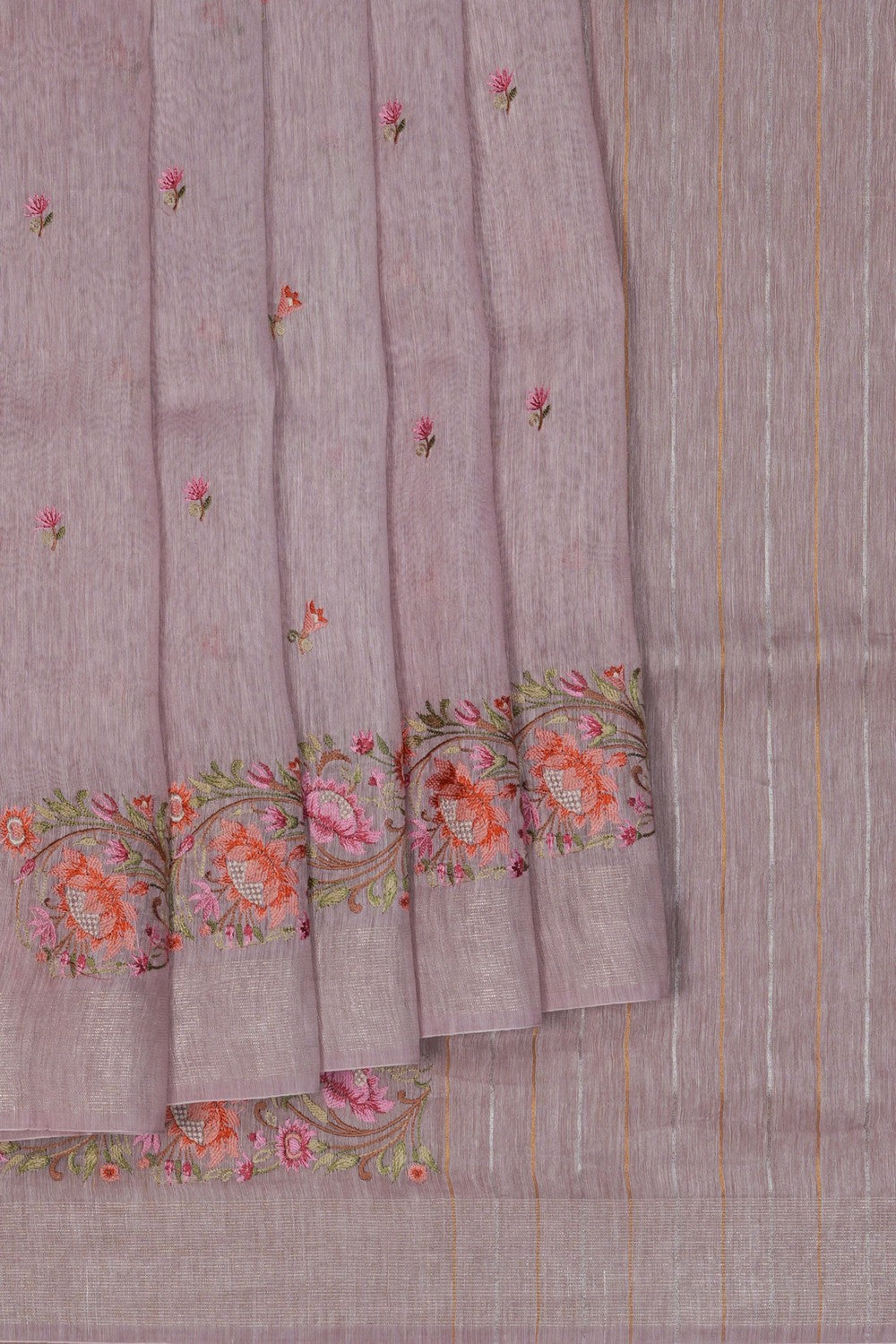 Image of Onion-Pink Linen Embroidery Saree