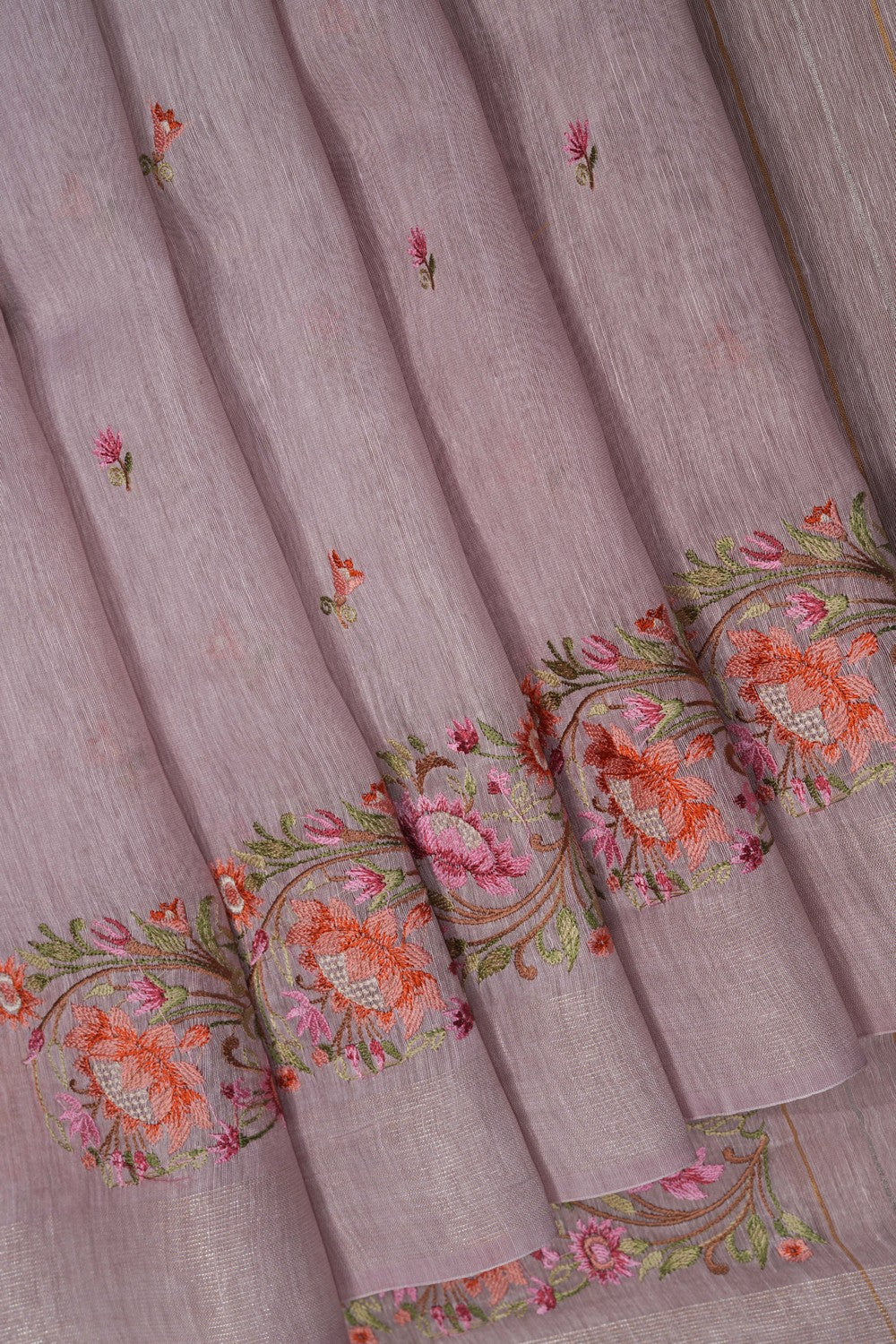 Image of Onion-Pink Linen Embroidery Saree