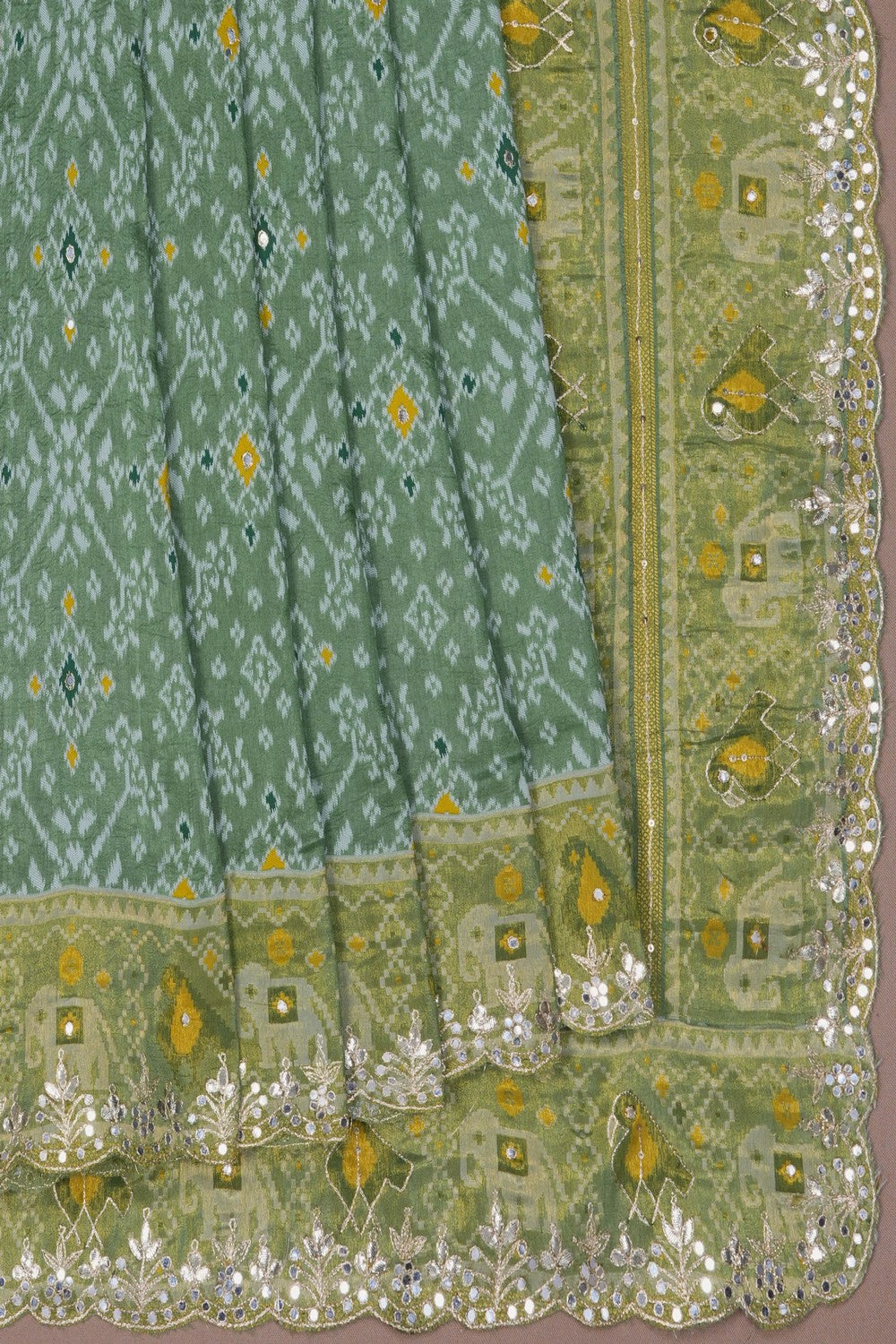 Image of A Sage-Green Embroidered Saree