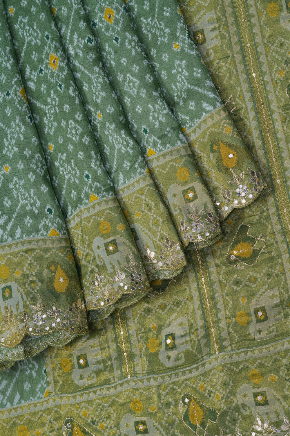 Image of A Sage-Green Embroidered Saree