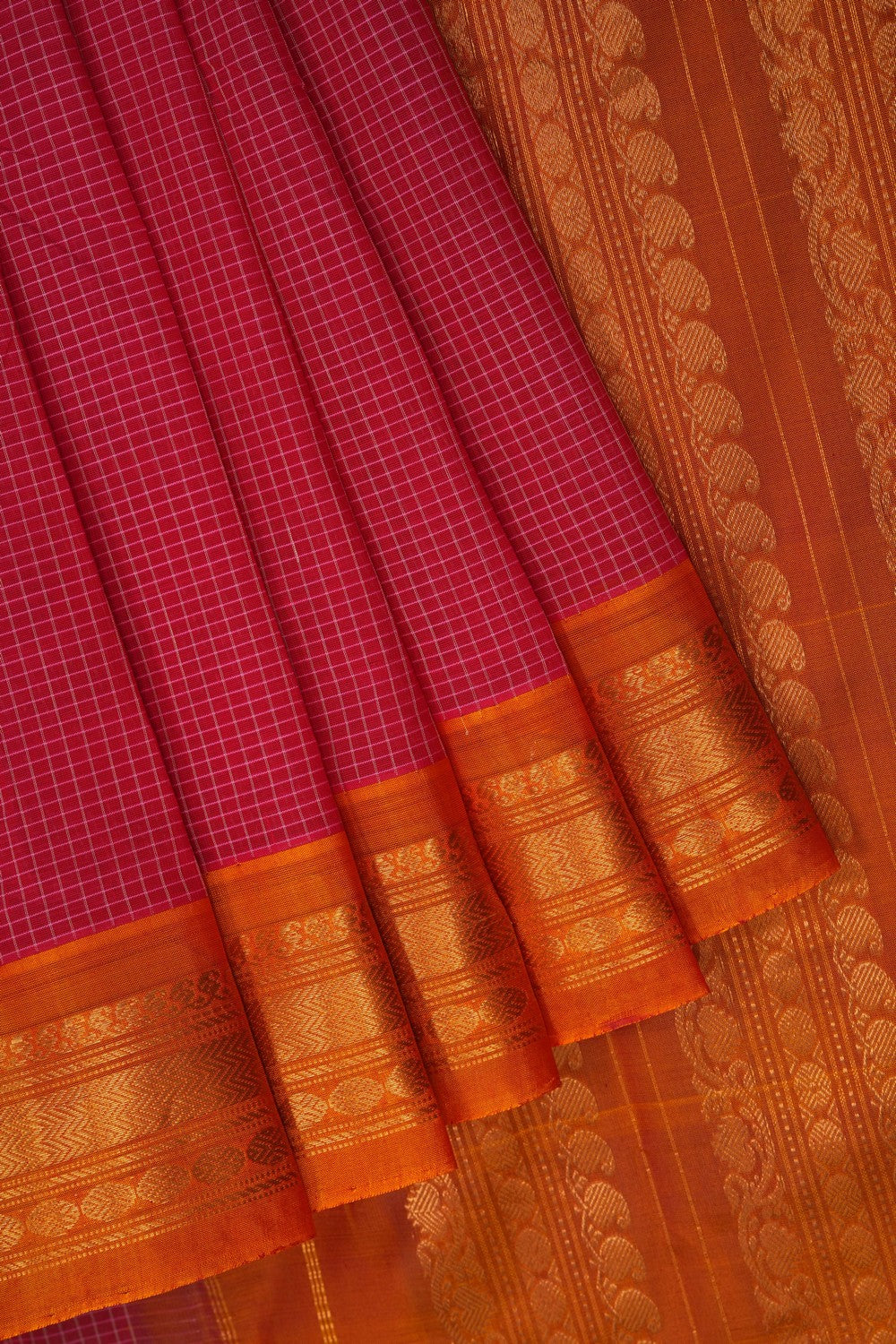 Image of Gadwal Cotton Coral Red Saree