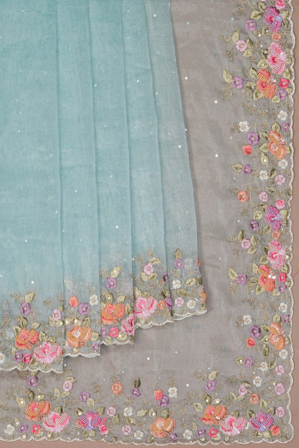 Image of Aqua Green Tissue Embroidered Saree
