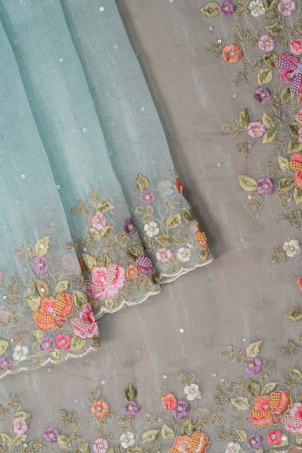 Image of Aqua Green Tissue Embroidered Saree