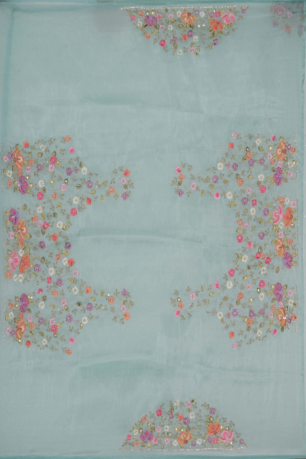 Image of Aqua Green Tissue Embroidered Saree