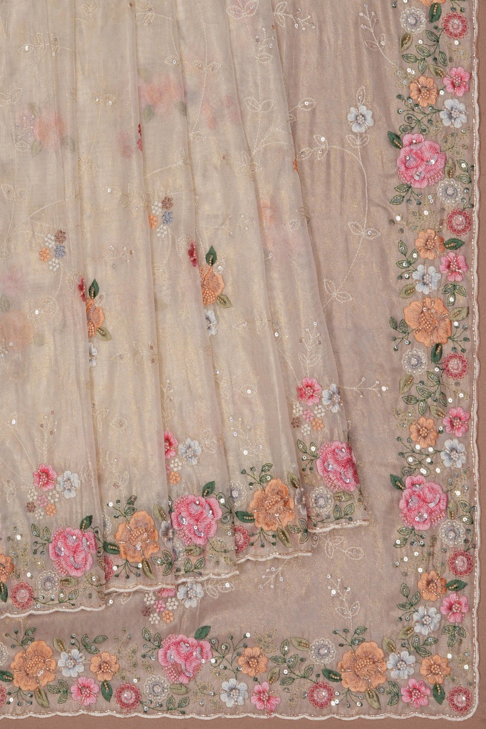 Image of Off-White Tissue Embroidered Saree
