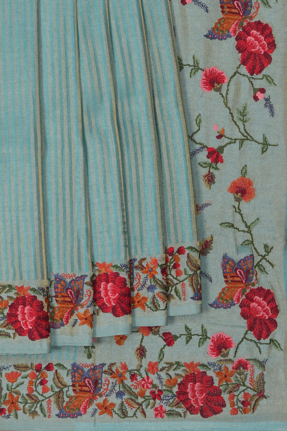 Image of Teal Blue Embroidery Silk Saree