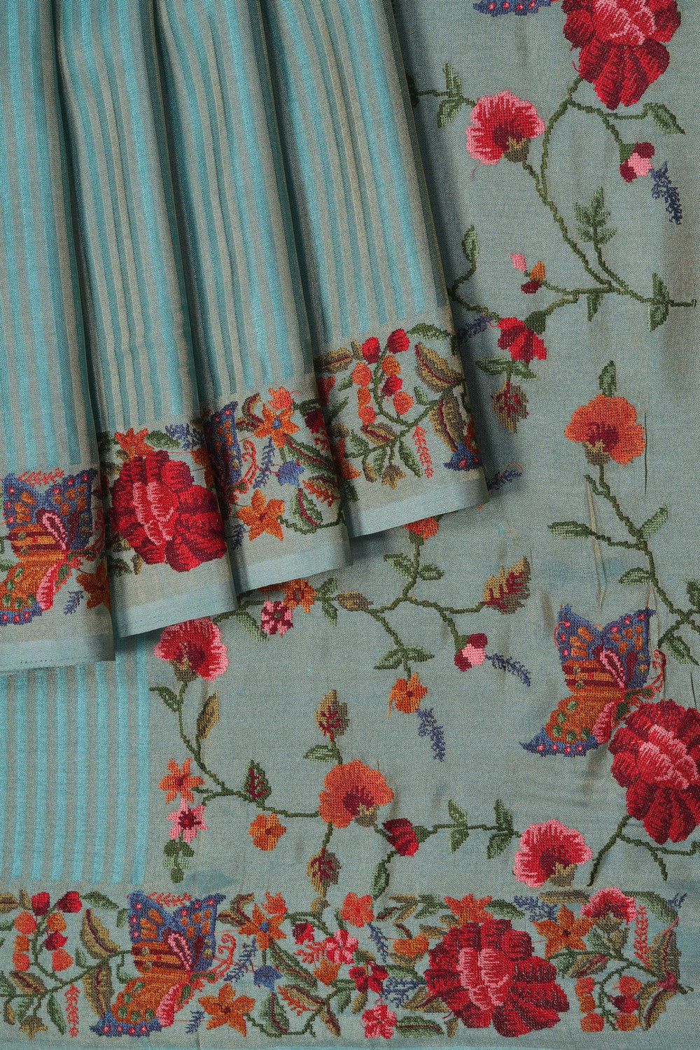 Image of Teal Blue Embroidery Silk Saree