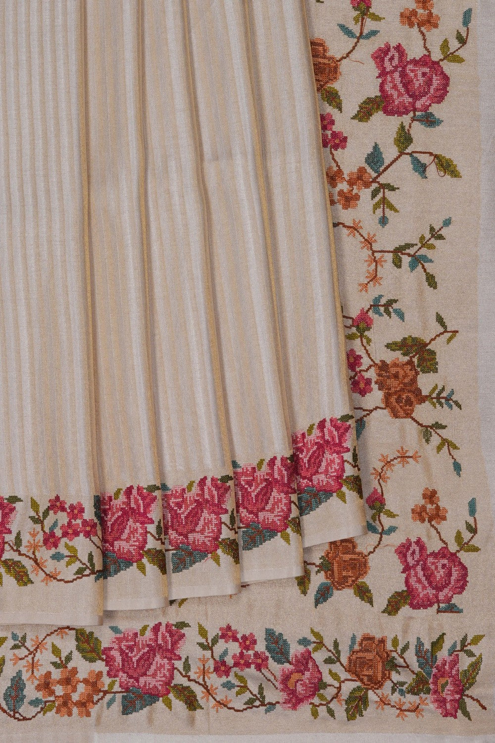 Image of Ivory White Embroidery Silk Saree