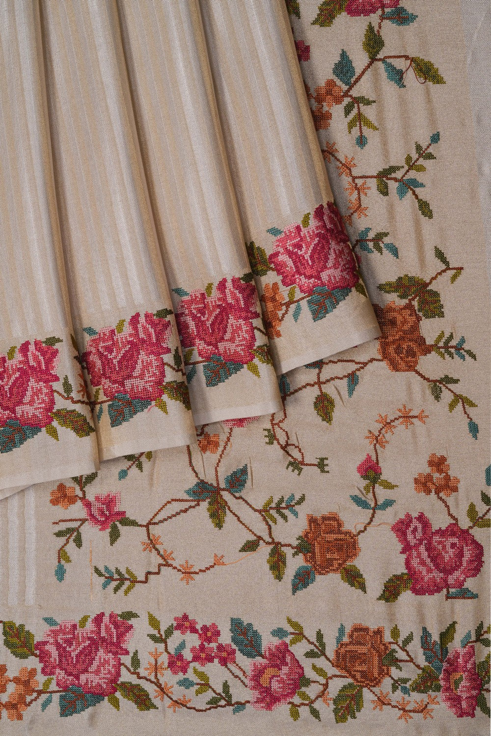 Image of Ivory White Embroidery Silk Saree