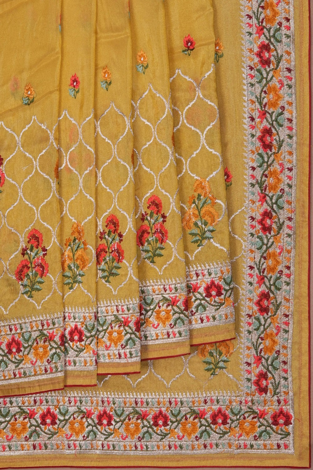 Image of Yellow Embroidery Tissue Silk Saree