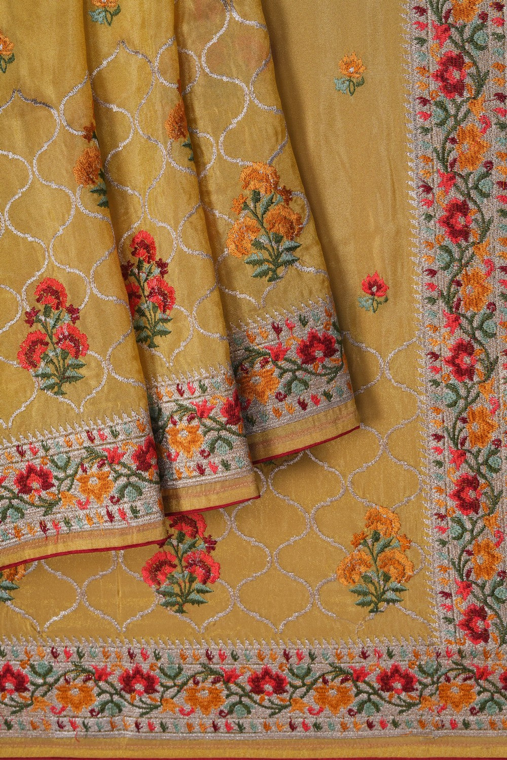 Image of Yellow Embroidery Tissue Silk Saree