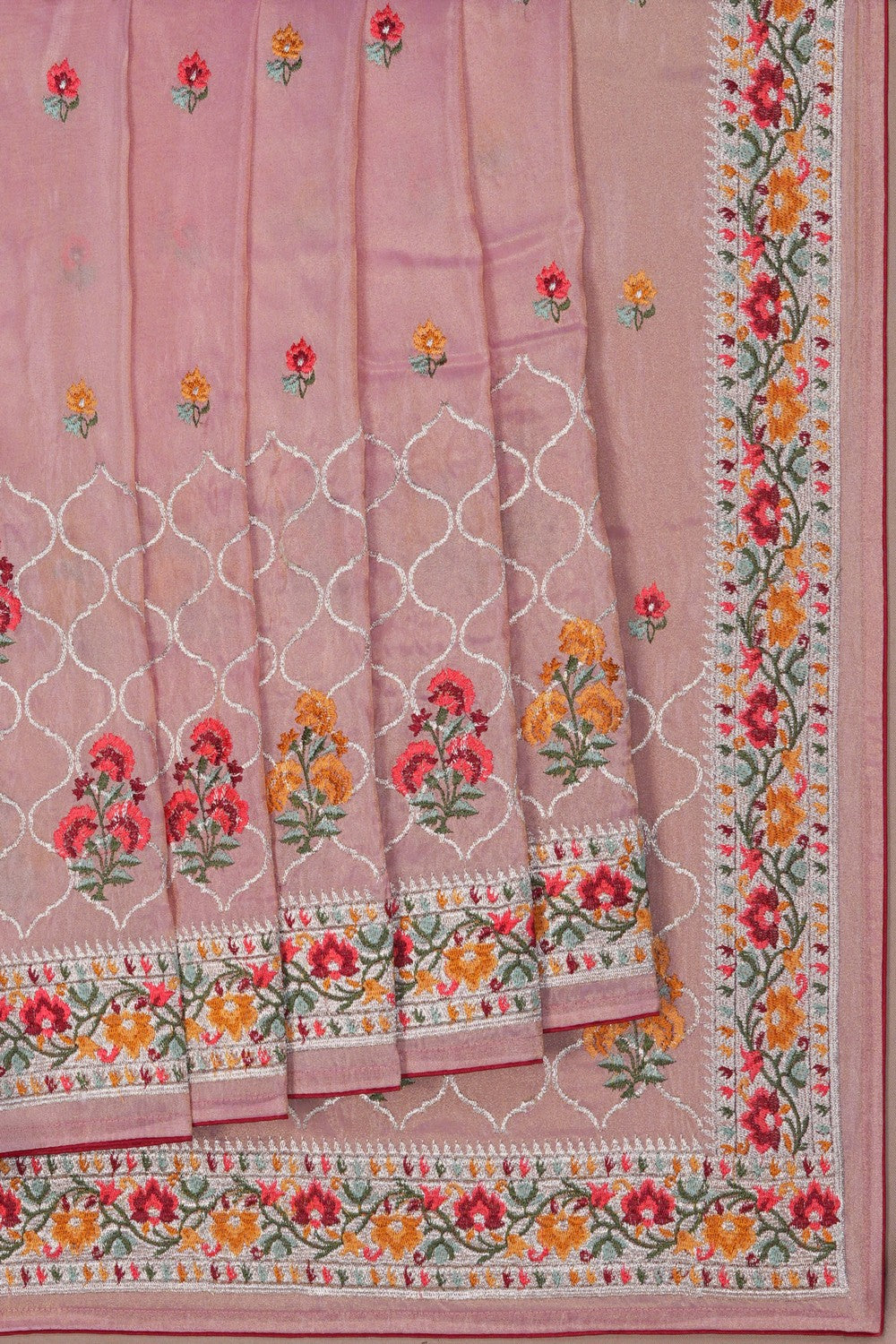 Image of Pink Embroidery Tissue Silk Saree