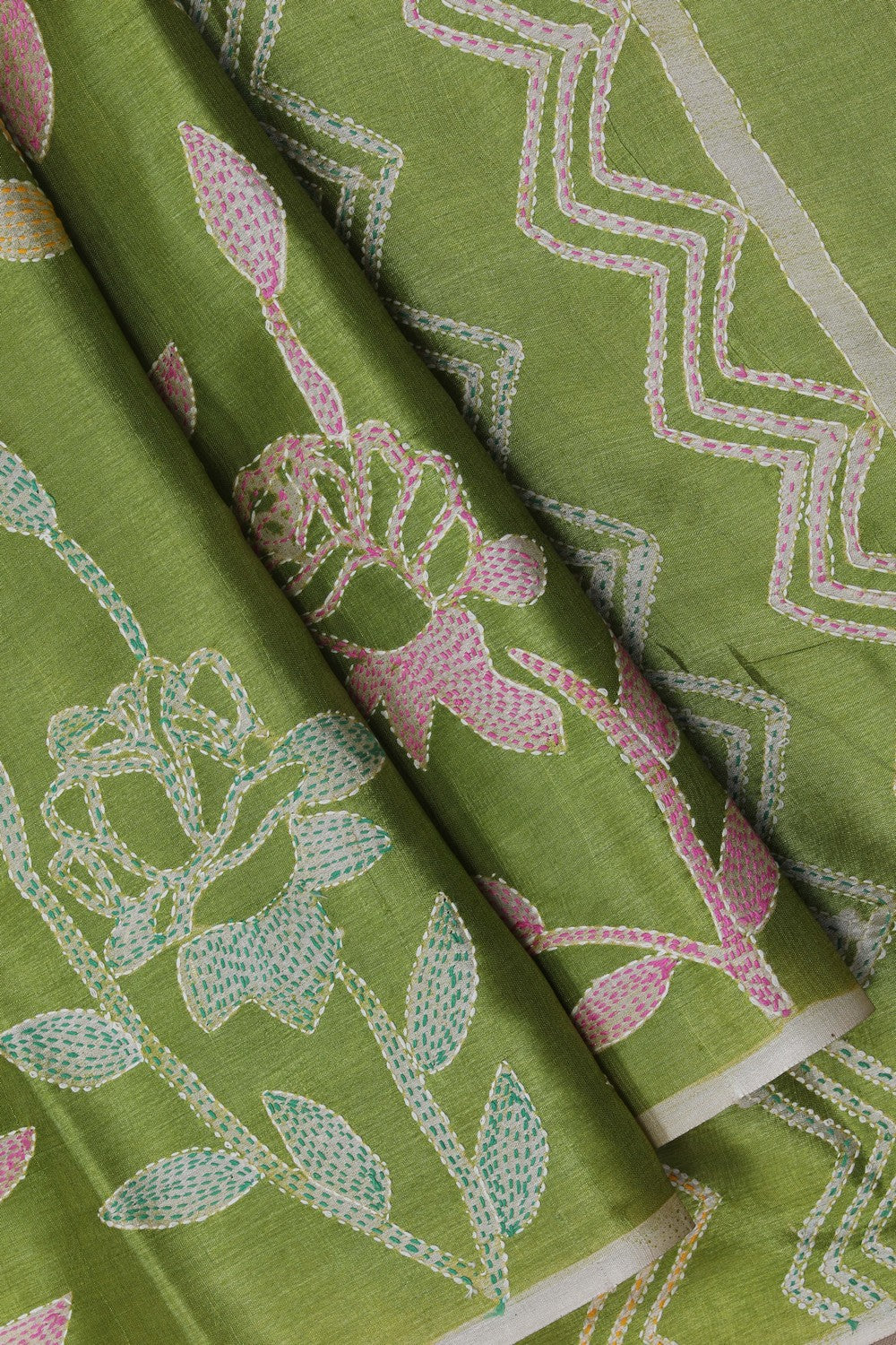 Image of Tussar Silk Kantha Embroidery Saree