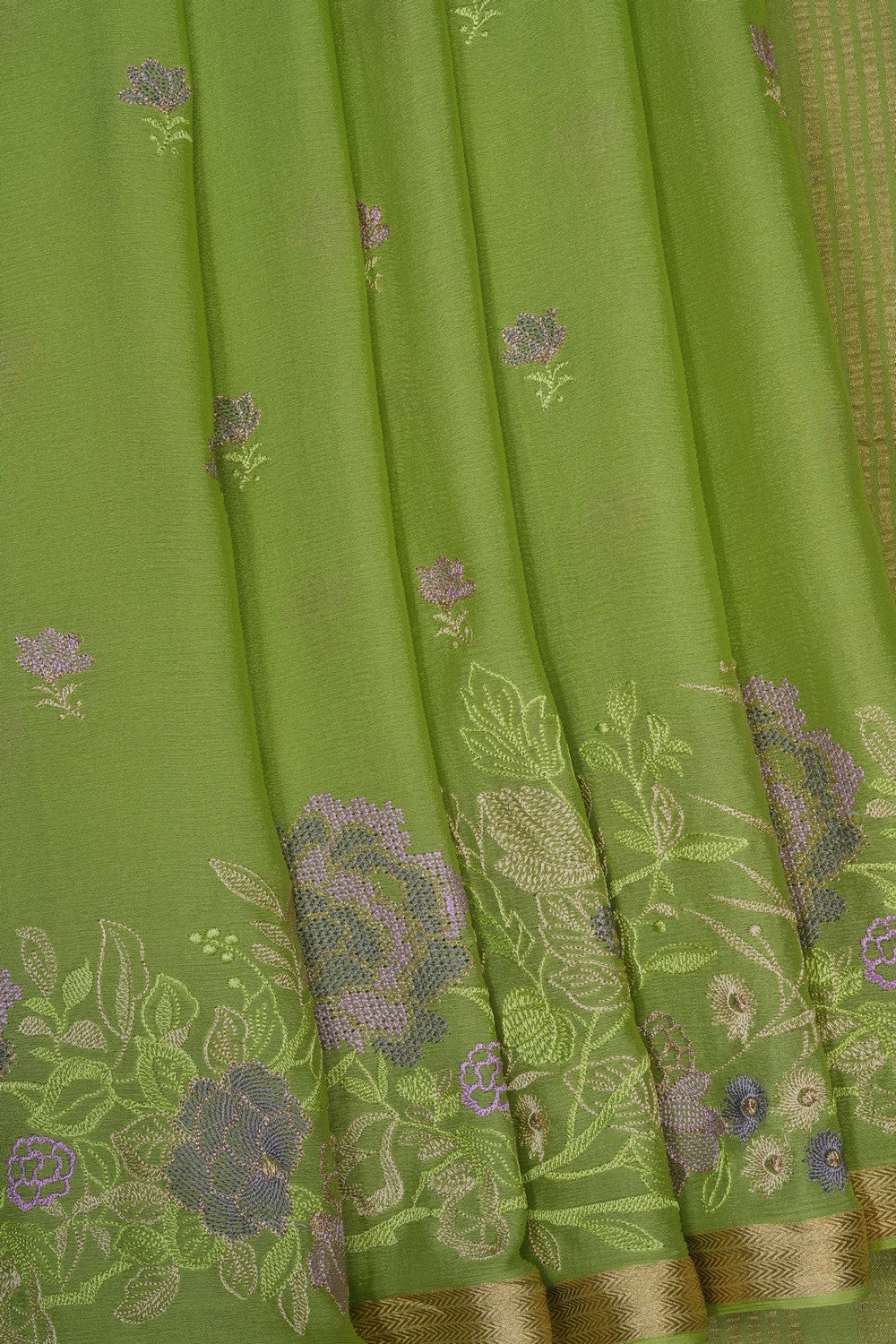 Image of Green Crepe Embroidery Saree
