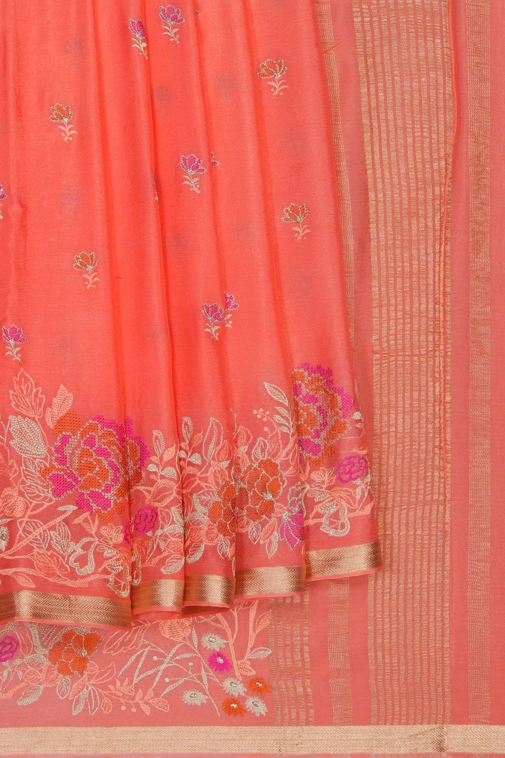 Image of Peach Crepe Embroidery Saree