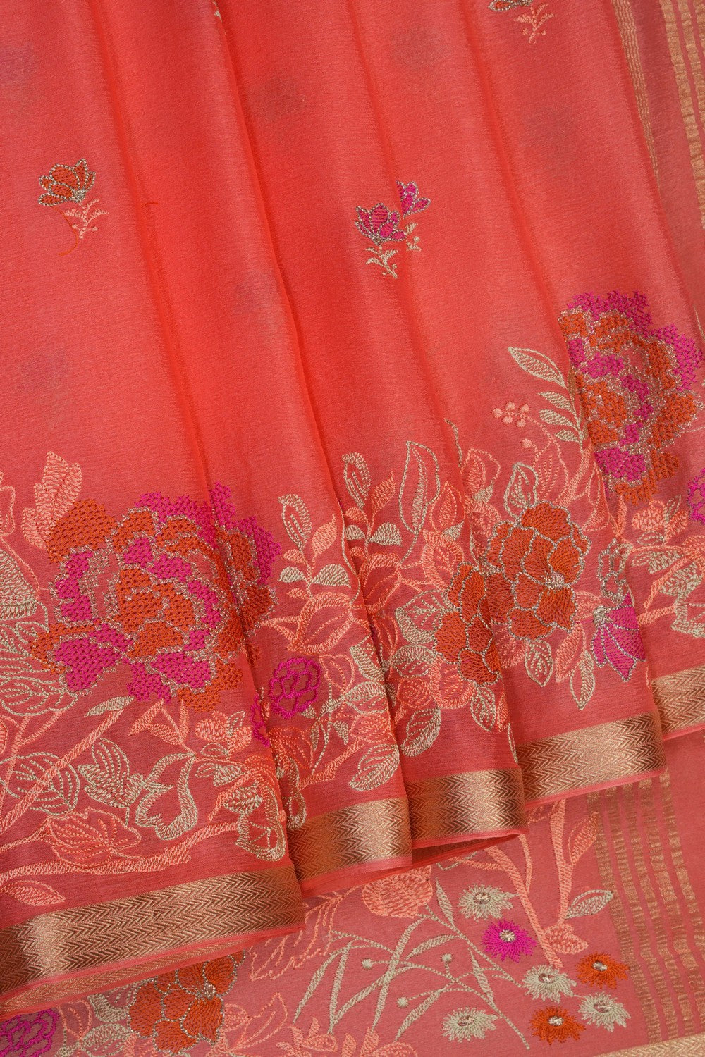 Image of Peach Crepe Embroidery Saree