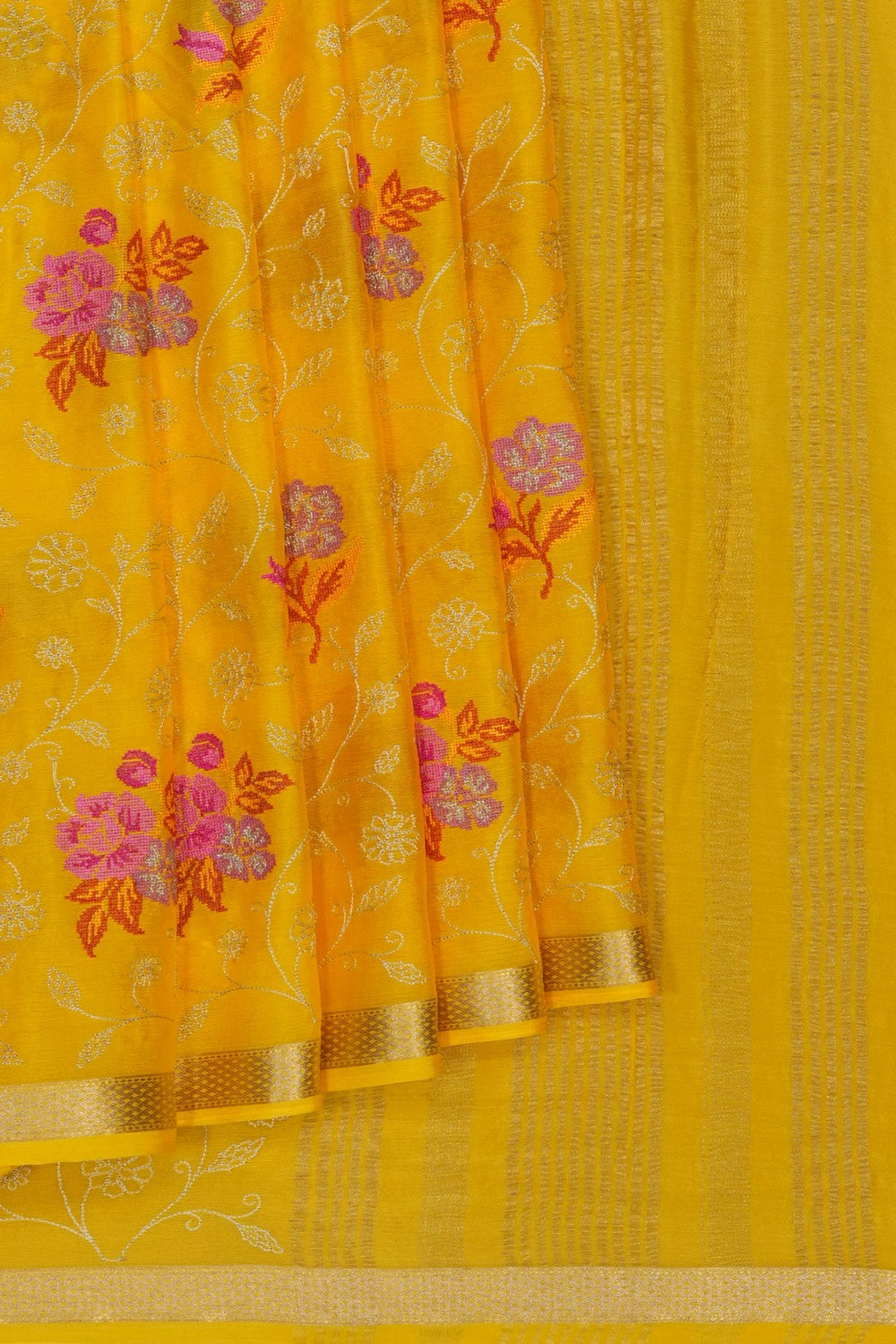 Image of Yellow Crepe Embroidery Saree