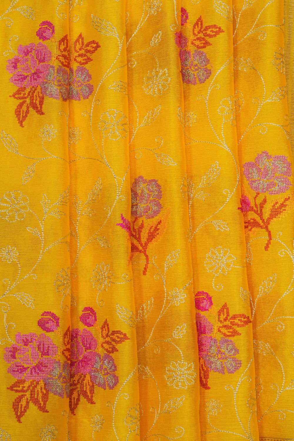 Image of Yellow Crepe Embroidery Saree