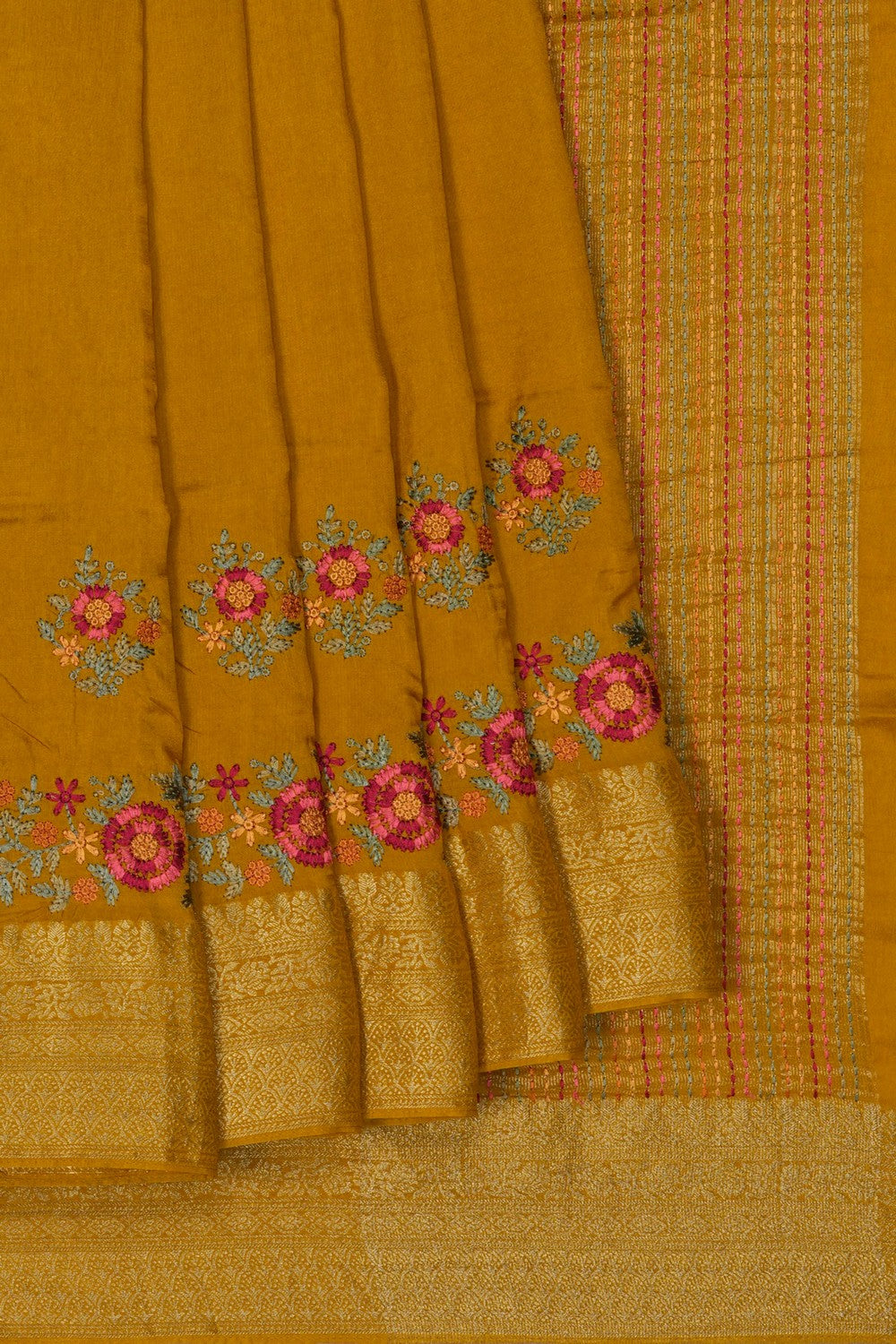 Image of Fenugreek Yellow Embroidery Silk Saree