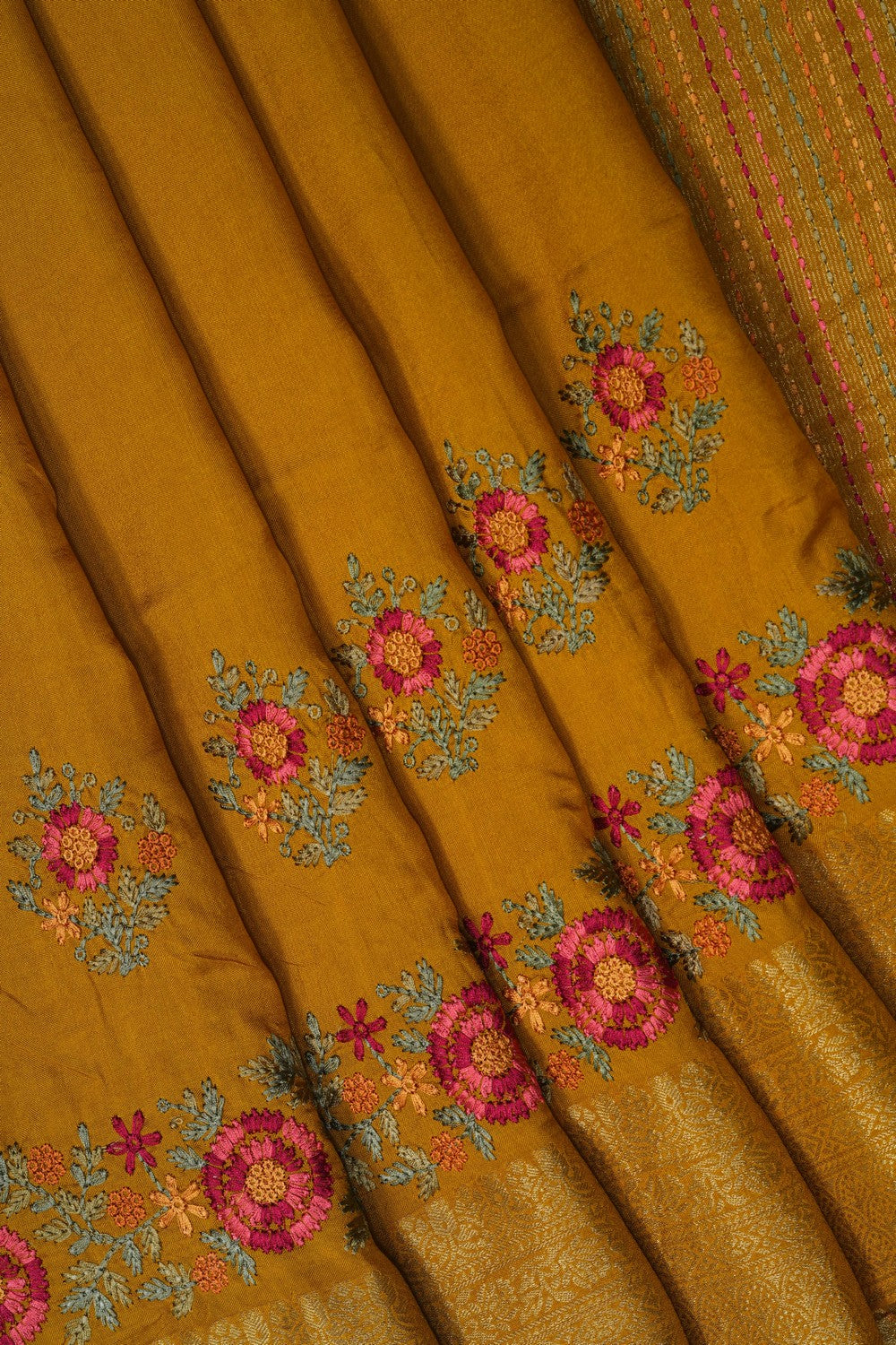 Image of Fenugreek Yellow Embroidery Silk Saree